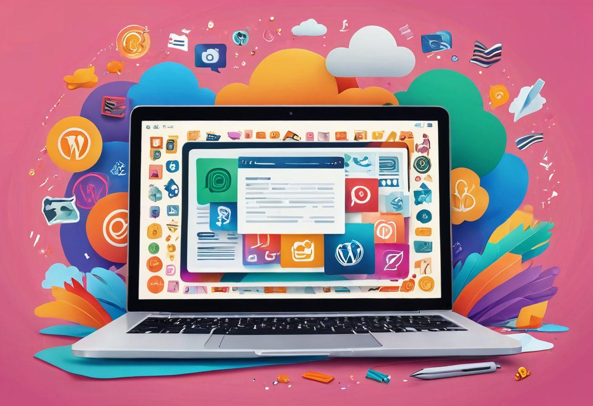 A vibrant illustration of an open laptop surrounded by colorful floating icons representing various blogging platforms, such as WordPress, Medium, and Blogger, combined with elements of digital storytelling like a quill and ink, with dollar signs symbolizing monetization. The background shows a dreamy, whimsical landscape that evokes creativity and inspiration. super-realistic. vibrant colors.