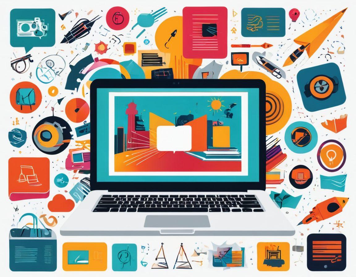 A visually engaging collage showcasing various digital storytelling tools like laptops, tablets, and smartphones, surrounded by captivating visuals such as vibrant graphics, animated characters, and iconic storytelling symbols like books and film reels. The background features an abstract design that represents creativity and innovation. The color palette should be bright and inviting, stimulating the idea of creativity and audience engagement. Vector art. vibrant colors. white background.