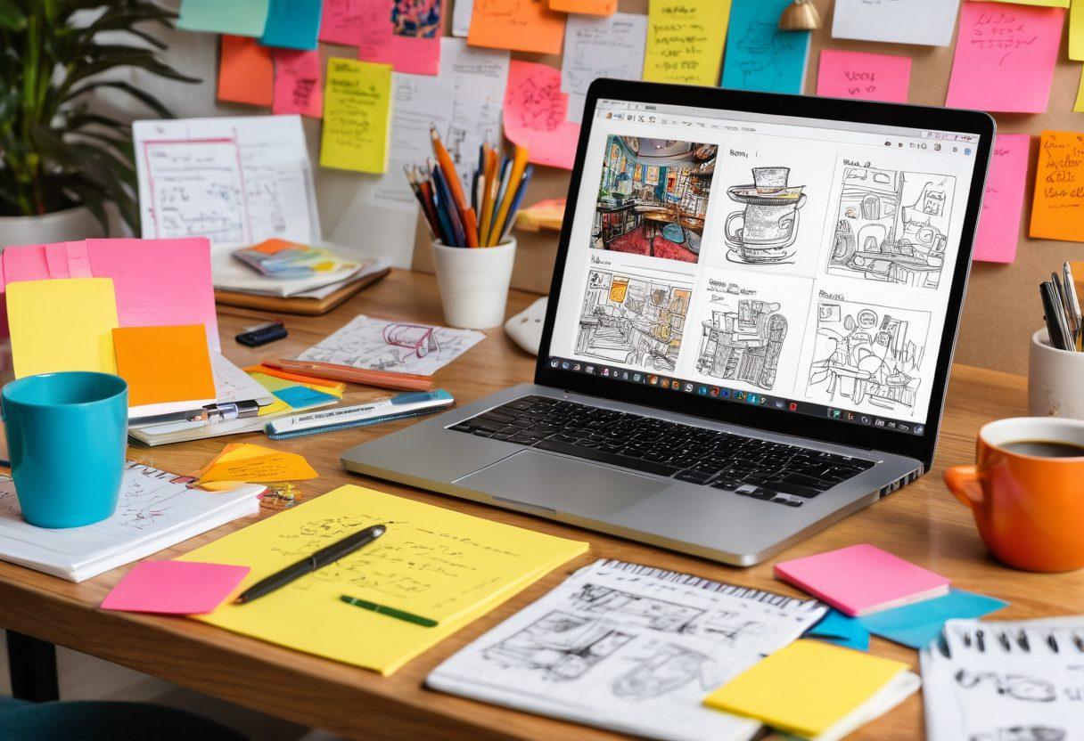 A dynamic workspace featuring a laptop open to a vibrant blog page filled with engaging content, surrounded by colorful sticky notes and sketches of ideas. In the background, a coffee cup and a notepad with brainstorming doodles symbolize creativity. The setting exudes an atmosphere of inspiration and determination. super-realistic. vibrant colors. cozy workspace.